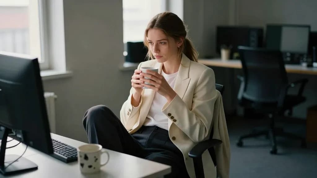 A white woman in her mid twenties with long light brown hair tied back in a low ponytail is sitting alone at her desk very early, the rest of the open-plan f…