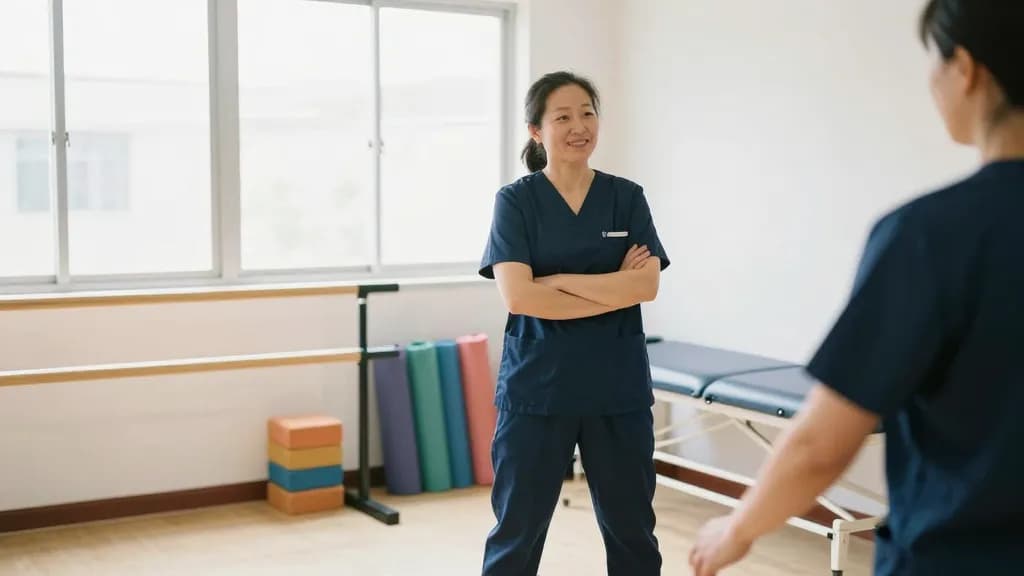 An East Asian woman in her forties with hair tied back is standing in a bright physiotherapy gym beside parallel bars and a stack of foam blocks, exercise ma…