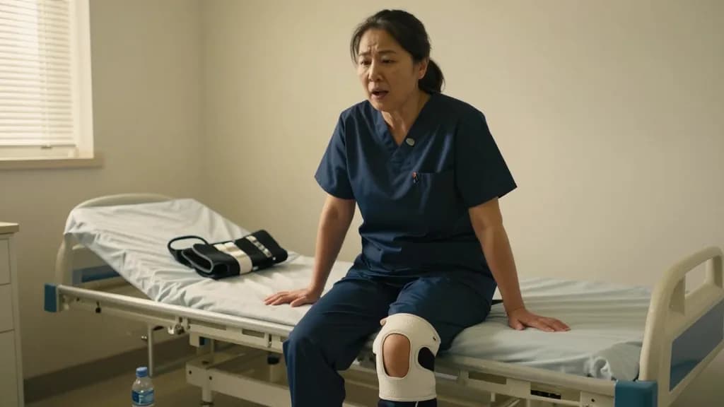 An East Asian woman in her forties with hair tied back is sitting on the edge of a treatment bed in an empty clinic room after hours working her own knee thr…
