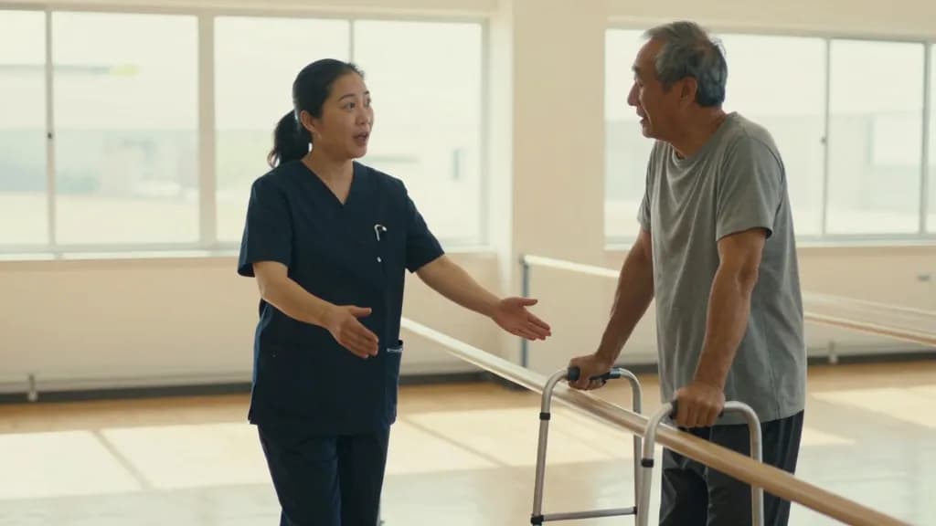 An East Asian woman in her forties with hair tied back is walking slowly backwards along parallel bars facing an older man taking careful steps between them,…