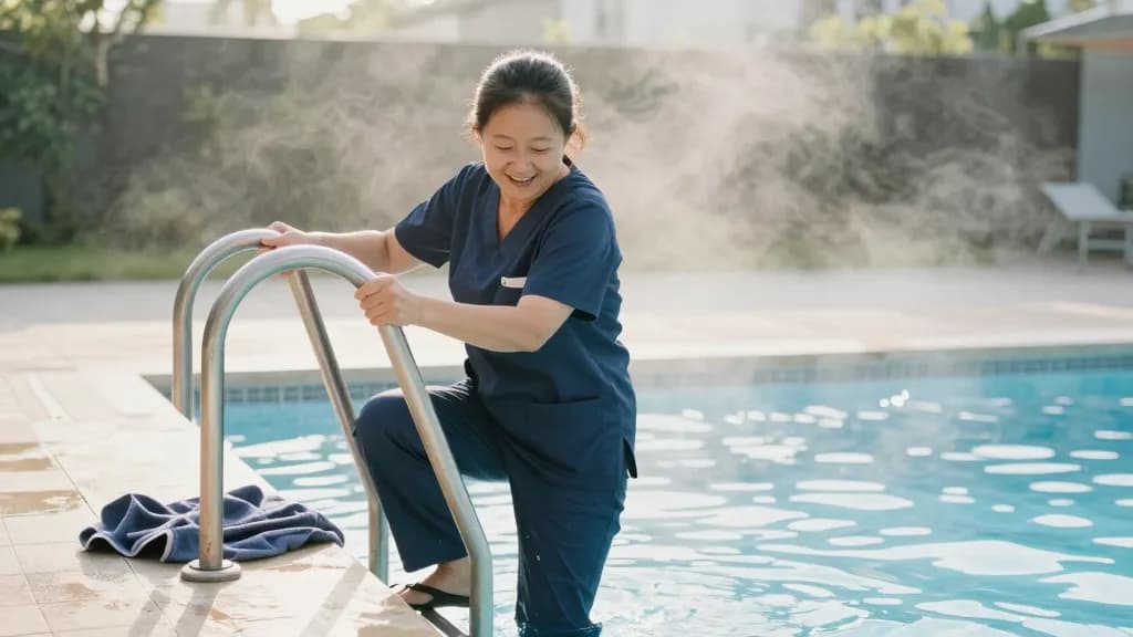 An East Asian woman in her forties with hair tied back is climbing out of an outdoor pool up a steel ladder in the early morning wearing a swimsuit, a towel…