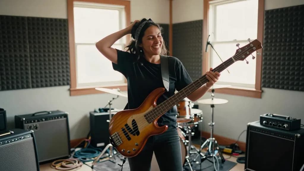 A Latina woman in her early thirties with dark hair pushed back with a bandana is in a cramped rehearsal room with a bass slung across her, amps and cable co…