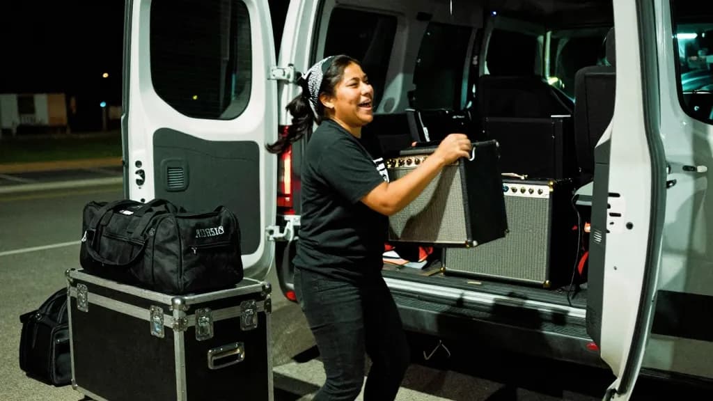 A Latina woman in her early thirties with dark hair pushed back with a bandana is loading gear into the back of a van outside the venue after the show, fligh…