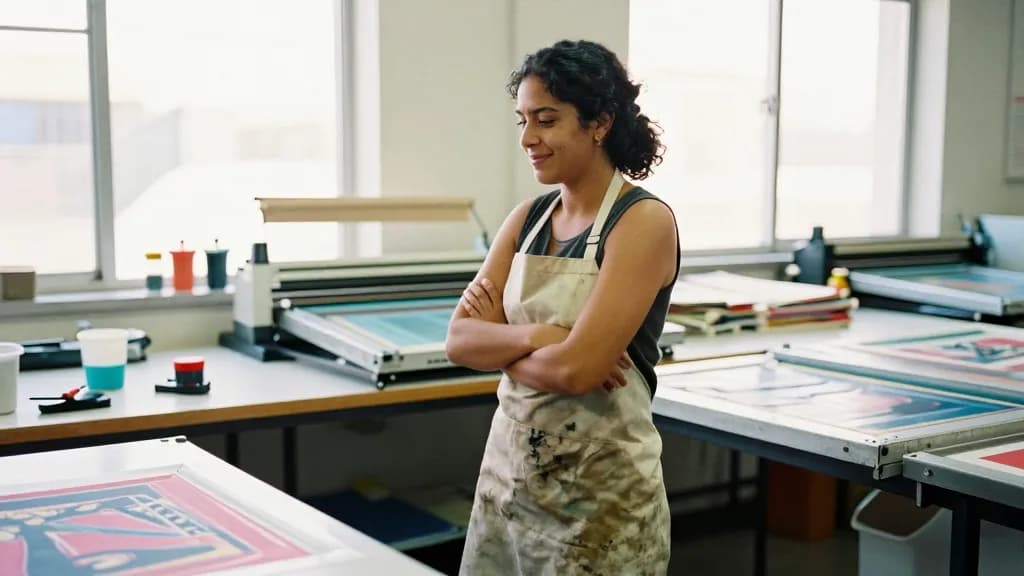 A Latina woman in her late twenties with dark curly hair tied back is standing in a screen printing studio surrounded by drying racks of finished prints, squ…