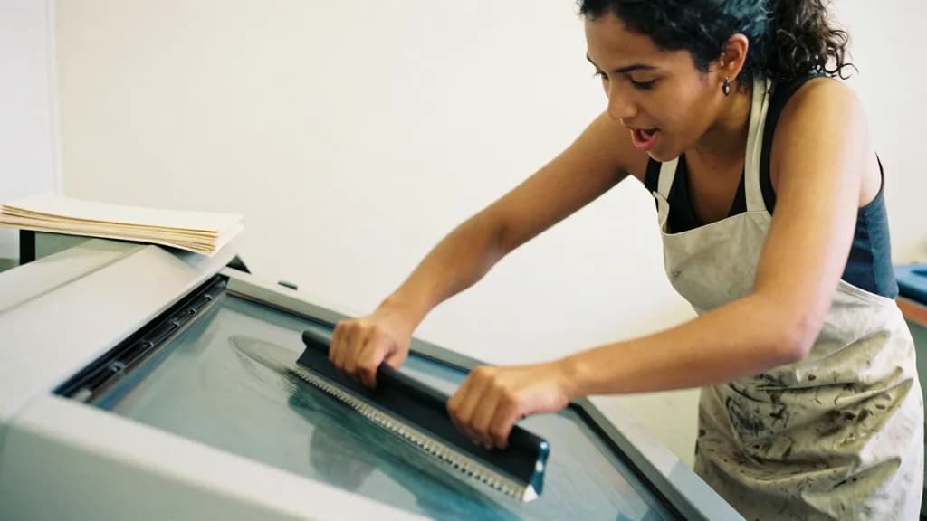 A Latina woman in her late twenties with dark curly hair tied back is pulling a squeegee across a screen on the press, ink spreading under the blade and a st…