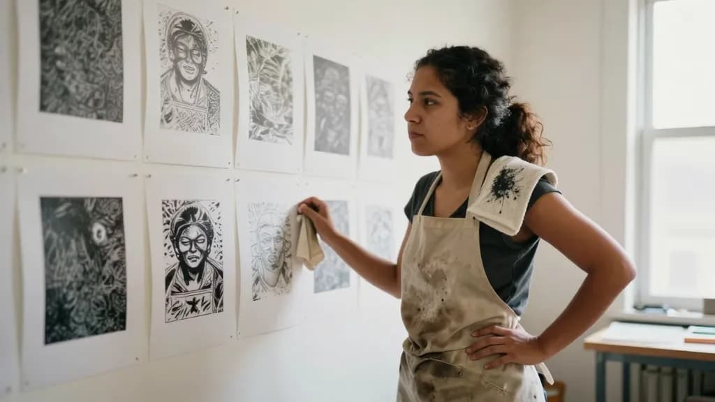 A Latina woman in her late twenties with dark curly hair tied back is standing back from a wall of pinned test prints, some obviously failed, an ink-marked r…