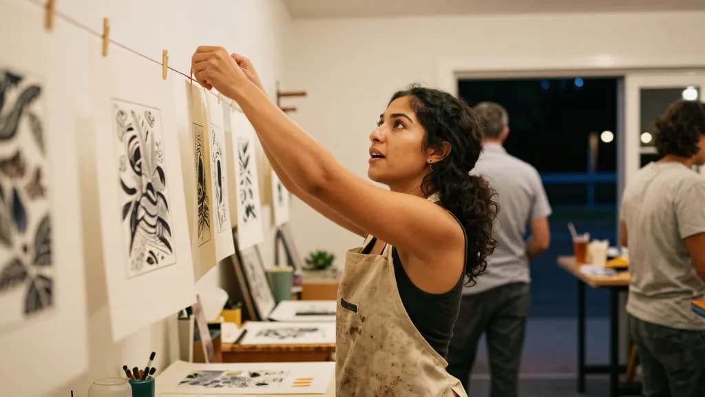 A Latina woman in her late twenties with dark curly hair tied back is hanging finished prints on a wire at a small open studio event, a handful of visitors m…