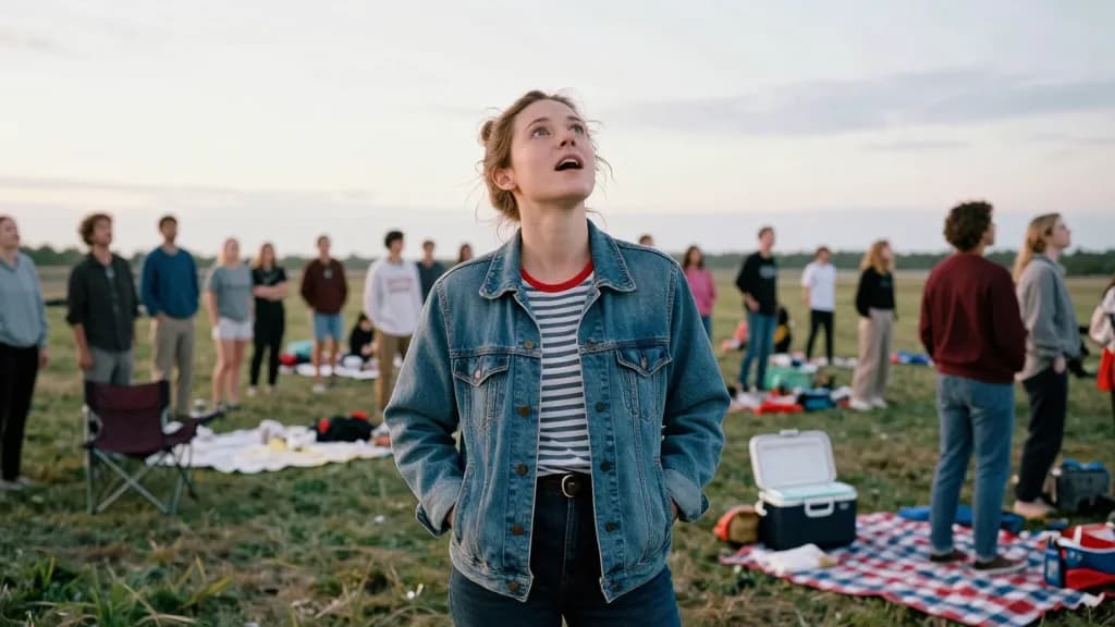 A white woman in her early thirties with hair in a messy bun is standing in a field among a scattered crowd of people all looking up at the same thing, picni…