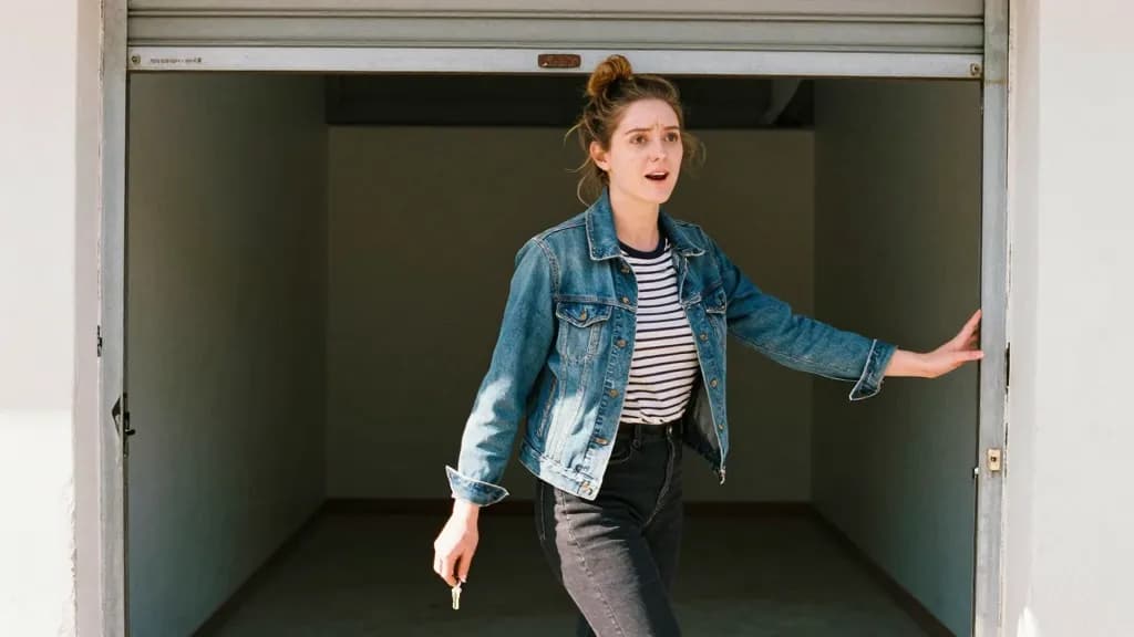 A white woman in her early thirties with hair in a messy bun is standing on the threshold of an empty shop unit with the shutter half up behind her, a set of…