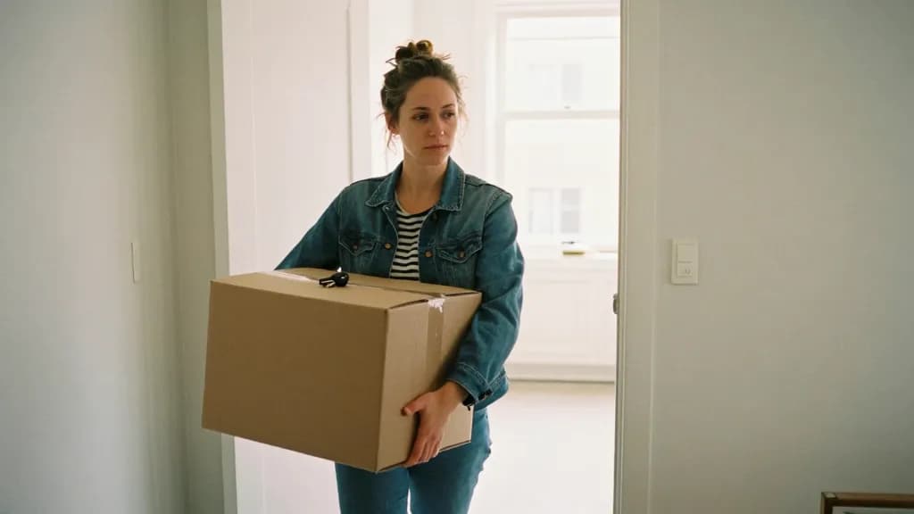 A white woman in her early thirties with hair in a messy bun is carrying the last cardboard box out of a flat, the door standing open behind her onto an empt…