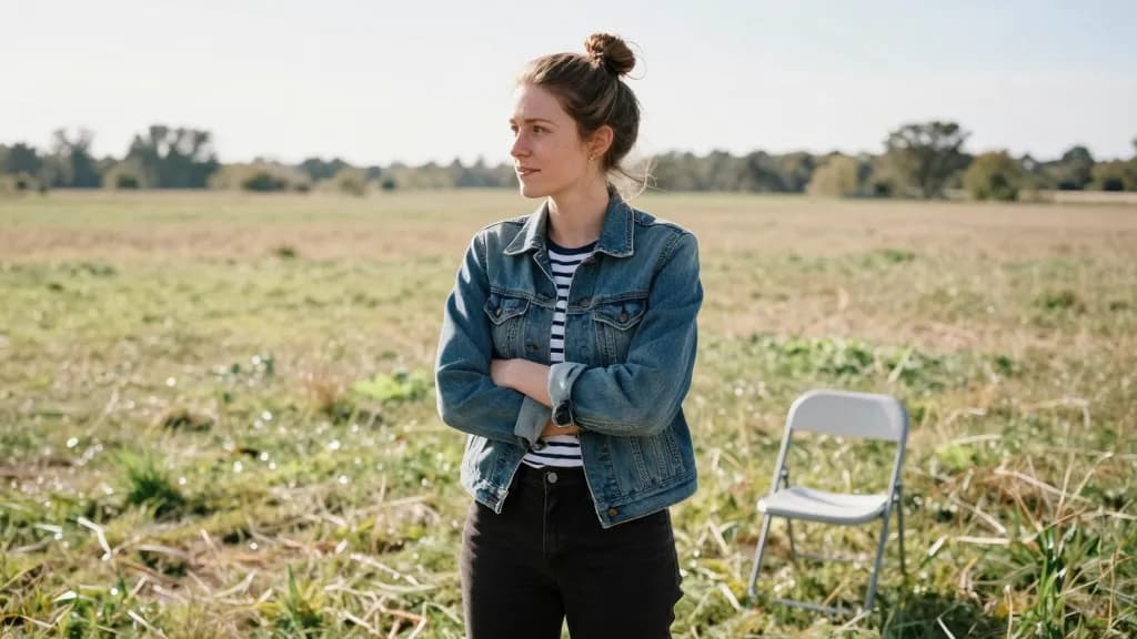 A white woman in her early thirties with hair in a messy bun is standing in the same field months later in ordinary daylight, the crowd gone and the grass fl…