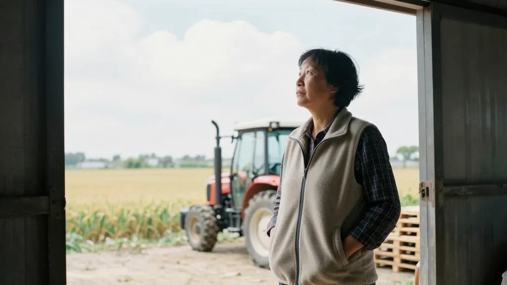 An East Asian woman in her forties with short practical hair is standing in a barn doorway looking out at a field of standing crop, a tractor parked in the y…