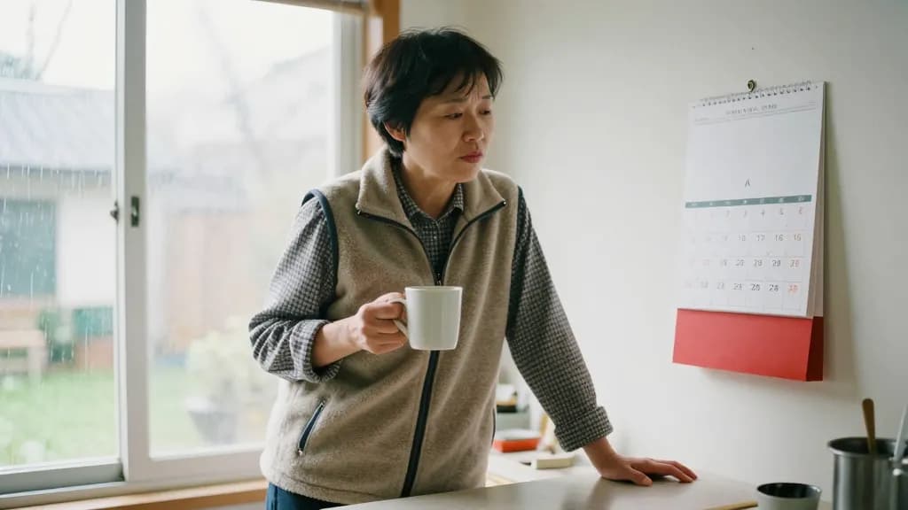 An East Asian woman in her forties with short practical hair is standing at a kitchen table with a wall calendar beside her and a mug in one hand, the window…
