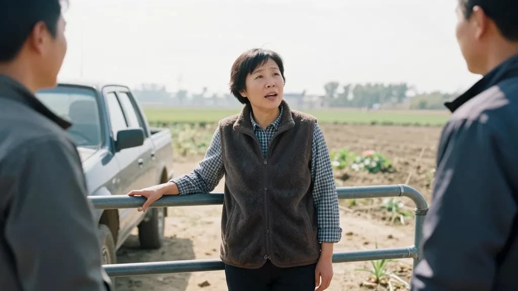 An East Asian woman in her forties with short practical hair is standing at a farm gate talking to two neighbours, a pickup pulled up on the verge and the fi…
