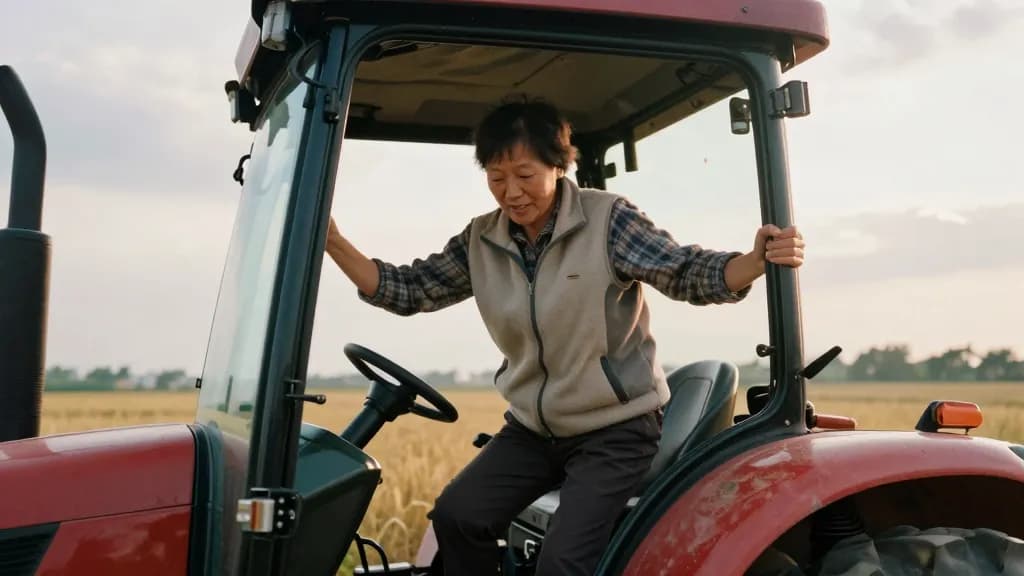 An East Asian woman in her forties with short practical hair is climbing up into a tractor cab in the early evening with the field golden behind her and the…