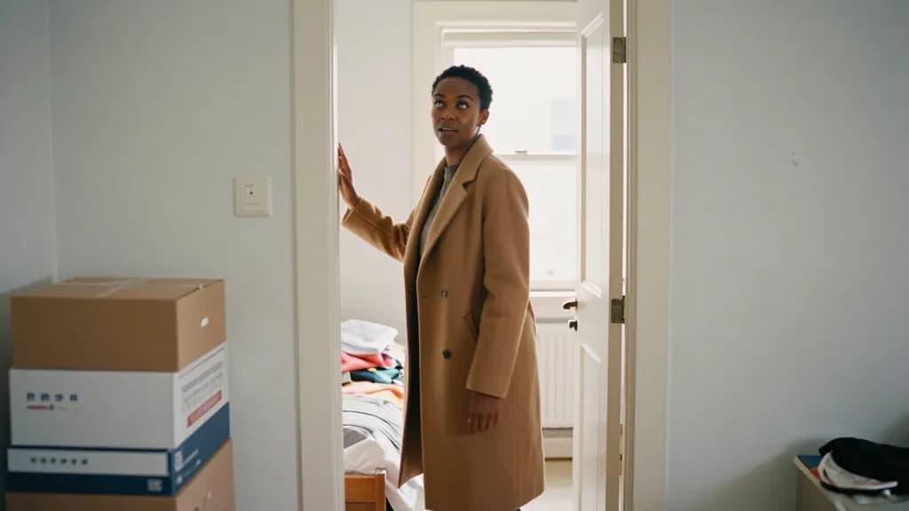 A Black woman in her mid thirties with short natural hair is standing in the doorway of her childhood bedroom, now used for storage, boxes stacked on the sin…