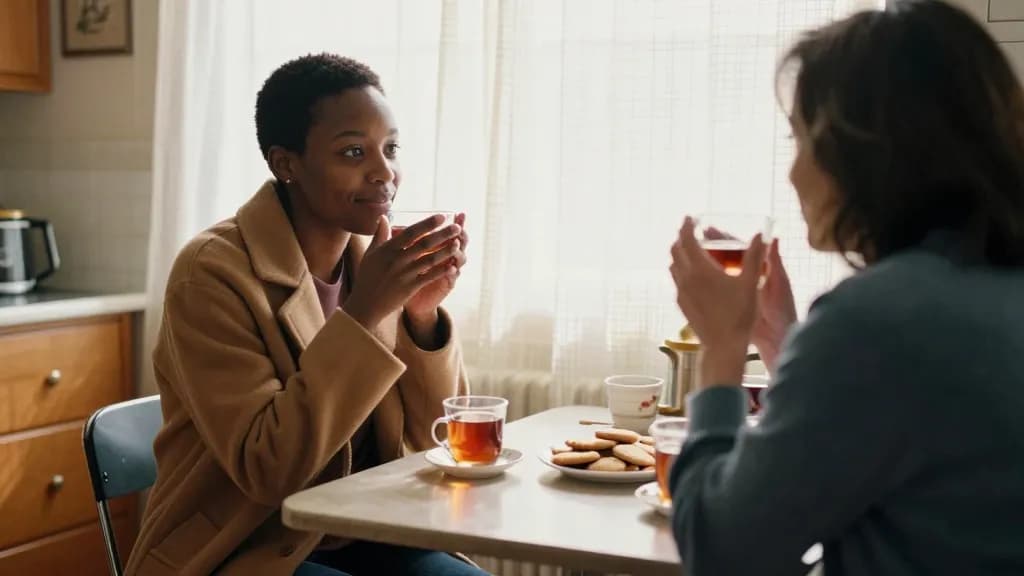 A Black woman in her mid thirties with short natural hair is sitting at a small kitchen table opposite her mother, two cups of tea and a plate of biscuits be…