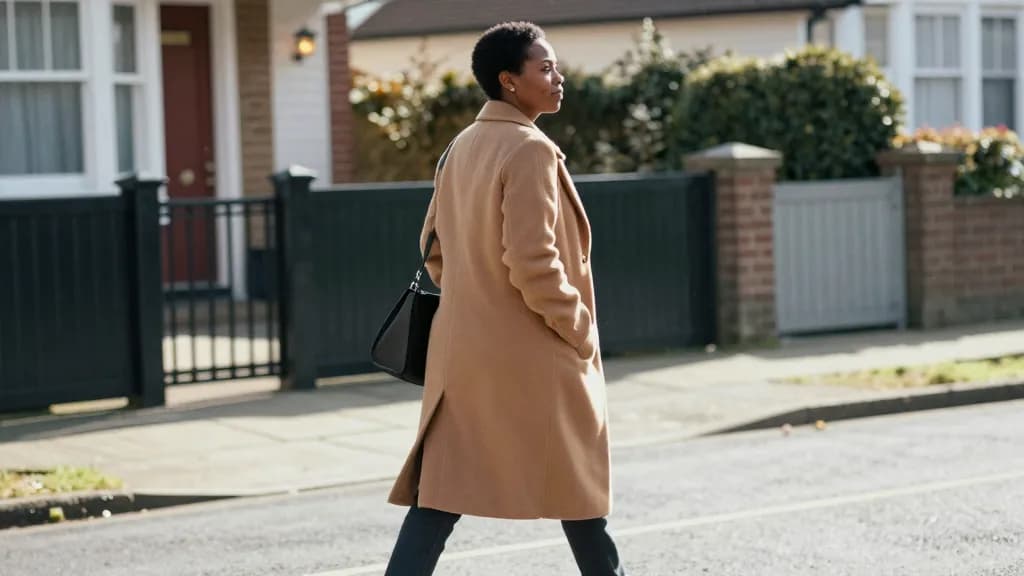 A Black woman in her mid thirties with short natural hair is walking away from the house down the street with a small holdall over one shoulder, the gate shu…