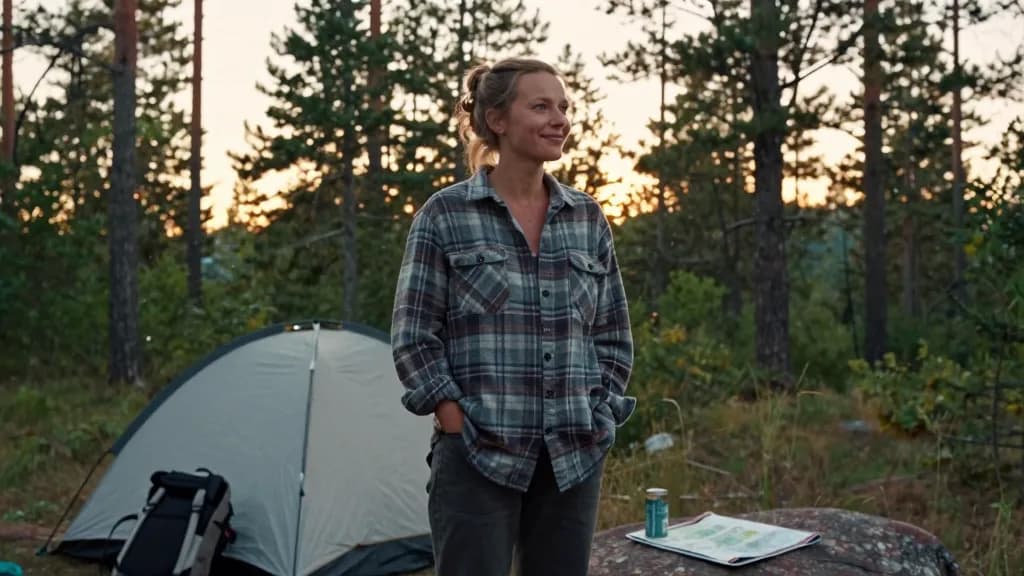 A white woman in her early thirties with hair in a messy plait is standing at a campsite on the edge of pine woods in the early evening, a tent pitched behin…