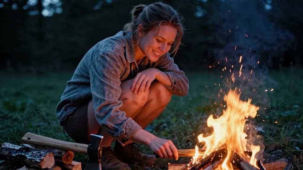 A white woman in her early thirties with hair in a messy plait is crouched over a young campfire at dusk feeding kindling into it, a stack of split logs and…
