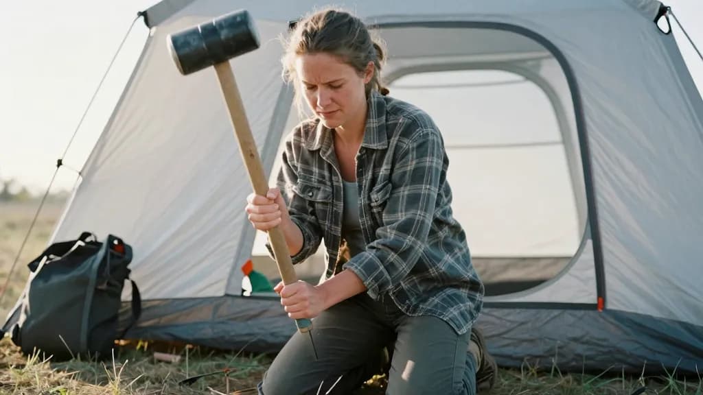 A white woman in her early thirties with hair in a messy plait is kneeling on the ground driving a tent peg with a mallet, guy lines running out taut around…