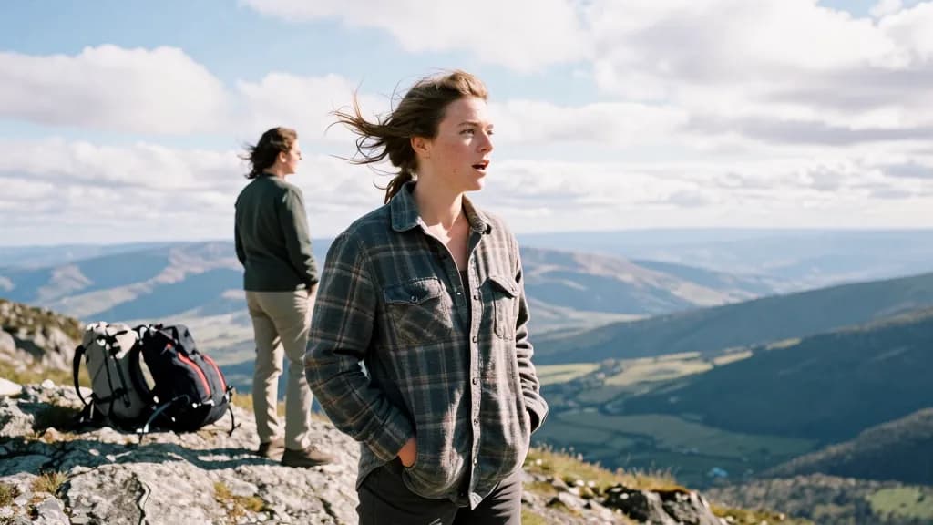 A white woman in her early thirties with hair in a messy plait is standing on an exposed ridge in strong wind with a friend a few feet away, both of them loo…