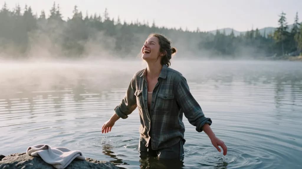 A white woman in her early thirties with hair in a messy plait is chest deep in a cold mountain lake at first light, mist lifting off the surface and a towel…