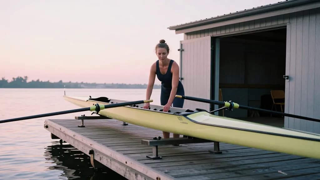 A white woman in her mid twenties with hair in a tight plait is standing on a river pontoon at dawn beside a double scull lifted on trestles, blades laid out…