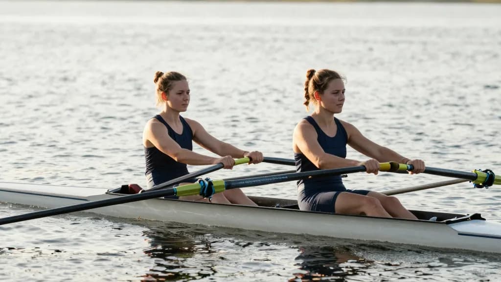 A white woman in her mid twenties with hair in a tight plait is rowing in the bow seat of a double scull on flat open water, her partner in front of her at f…