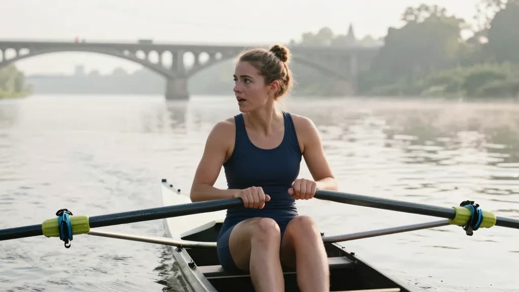 A white woman in her mid twenties with hair in a tight plait is sitting in the stationary boat mid river with the blades flat on the water, both rowers resti…