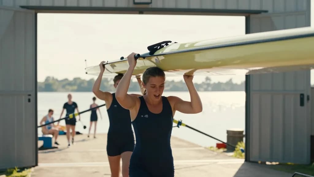 A white woman in her mid twenties with hair in a tight plait is carrying the double scull up the slipway with her partner, the hull balanced upside down on b…
