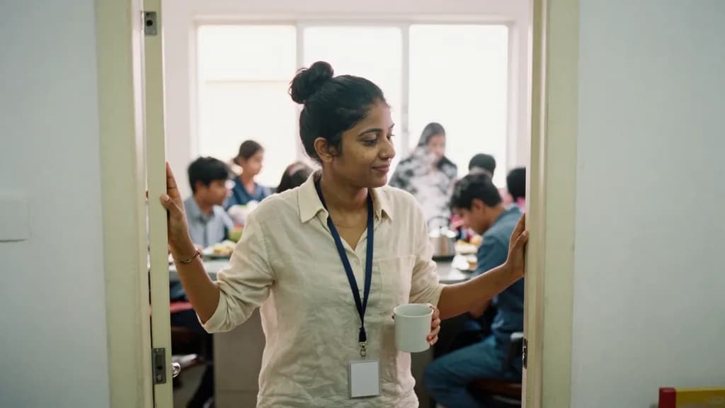 A South Asian woman in her early thirties with hair in a high bun is standing in the doorway of a busy office kitchen at lunchtime, colleagues around a count…
