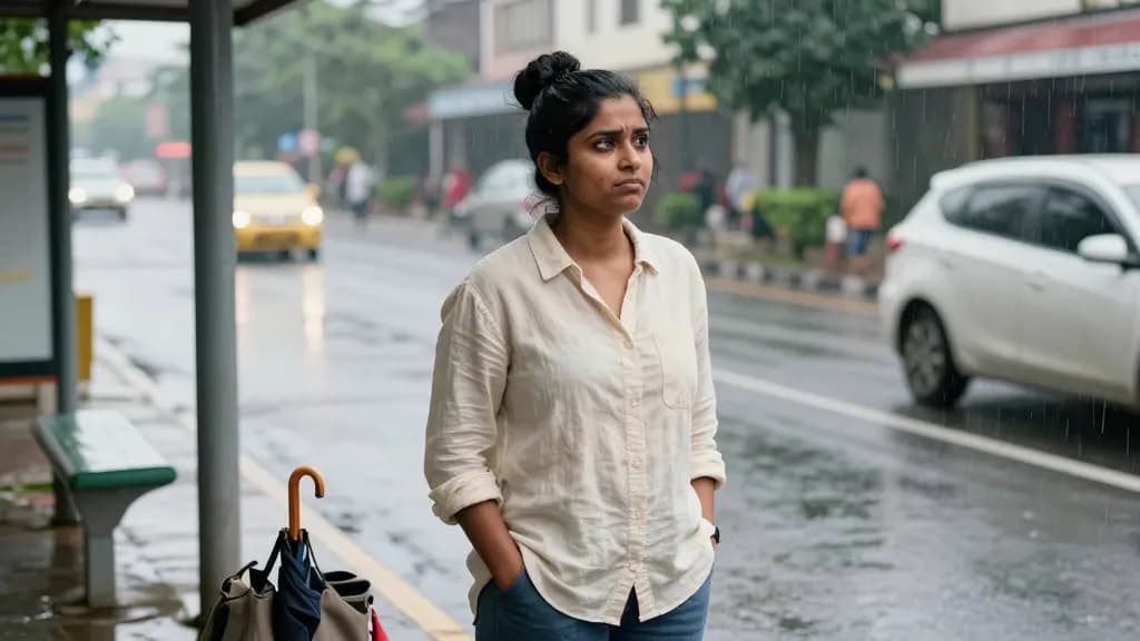 A South Asian woman in her early thirties with hair in a high bun is standing at a bus stop in the rain under a small shelter with a folded umbrella and a ba…