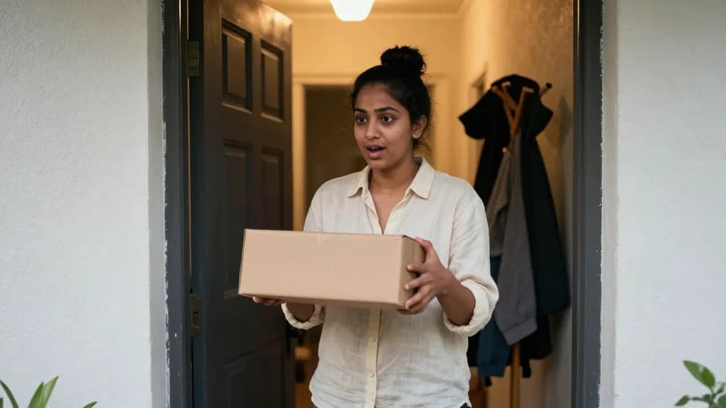 A South Asian woman in her early thirties with hair in a high bun is at her own front door in the evening taking a delivery from a courier, the hallway lit w…