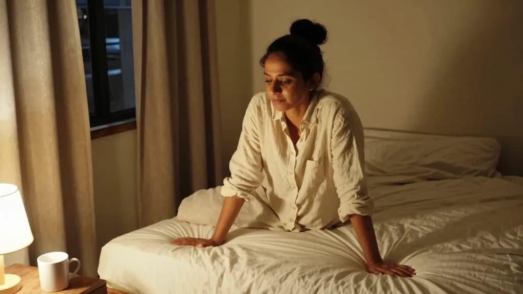 A South Asian woman in her early thirties with hair in a high bun is sitting on the end of her bed late at night with a mug on the floor and a lamp on low, t…