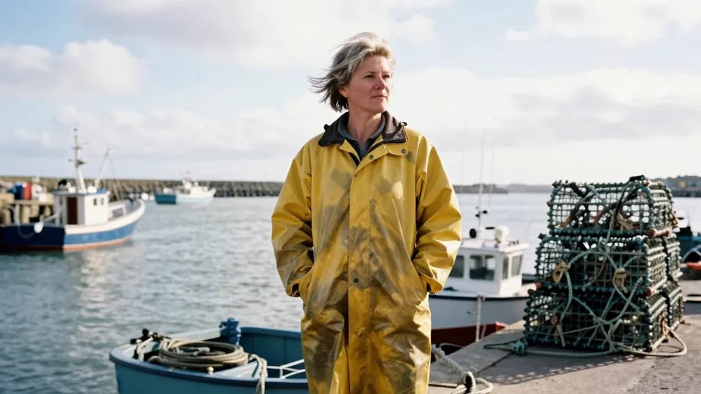 A white woman in her forties with short salt-bleached hair is standing on a harbour wall looking out past the mouth to open water, fishing boats moored below…