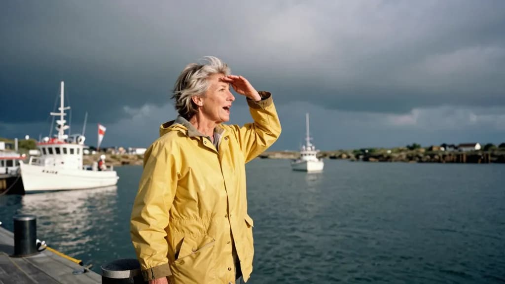 A white woman in her forties with short salt-bleached hair is standing at the end of a pontoon watching a squall line come in over the headland, boats knocki…