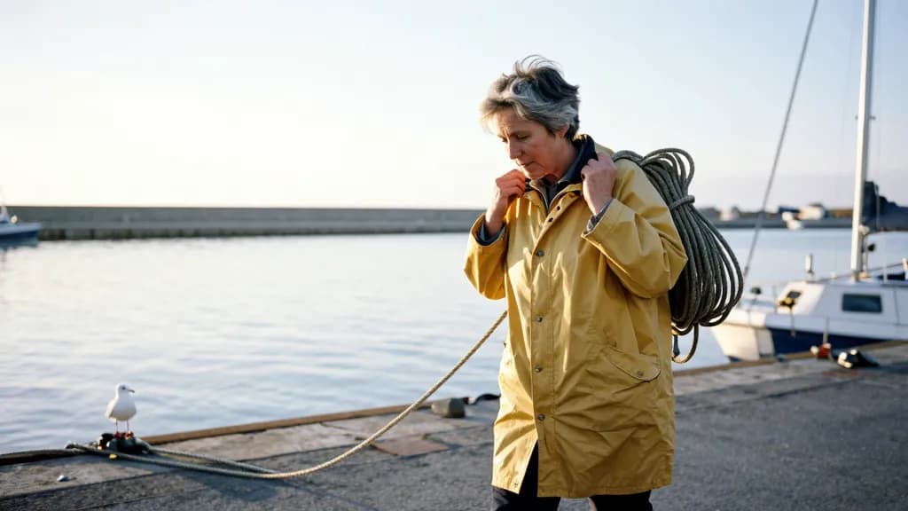 A white woman in her forties with short salt-bleached hair is walking the quayside at first light checking mooring lines, a coil of rope over one shoulder an…