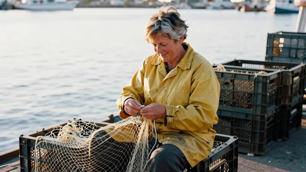A white woman in her forties with short salt-bleached hair is sitting on an upturned crate on the quay mending a net across her knees, other crates and float…