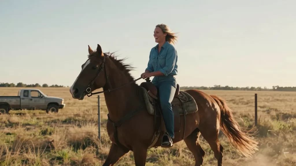 A white woman in her late thirties with sun-bleached hair tied back is riding a chestnut horse at a walk across open pasture at golden hour, a wire fence lin…