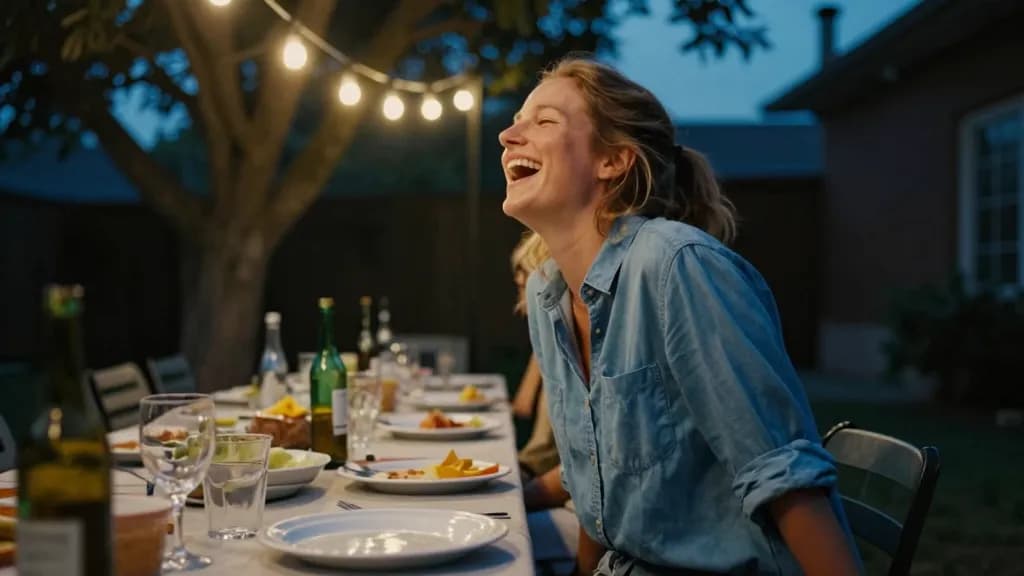 A white woman in her late thirties with sun-bleached hair tied back is at a long crowded table in a backyard at dusk, mismatched chairs packed in tight, plat…