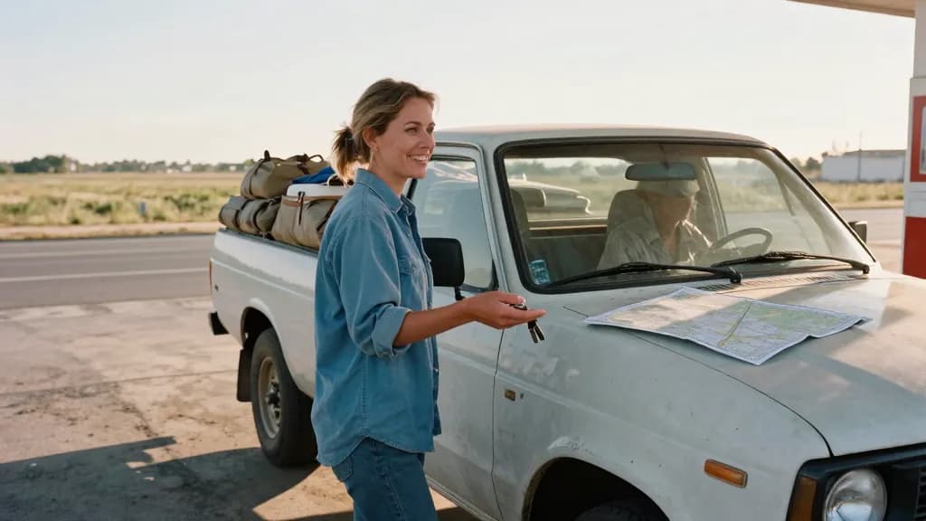A white woman in her late thirties with sun-bleached hair tied back is standing beside a dusty pickup at a rural petrol station at sunrise, the truck bed loa…