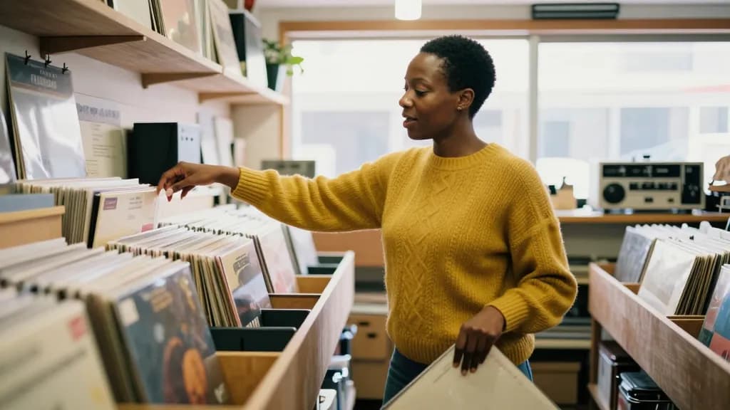 A Black woman in her mid thirties with short natural hair is in a second-hand record shop flicking along a rack of sleeves, crates stacked below the racks an…