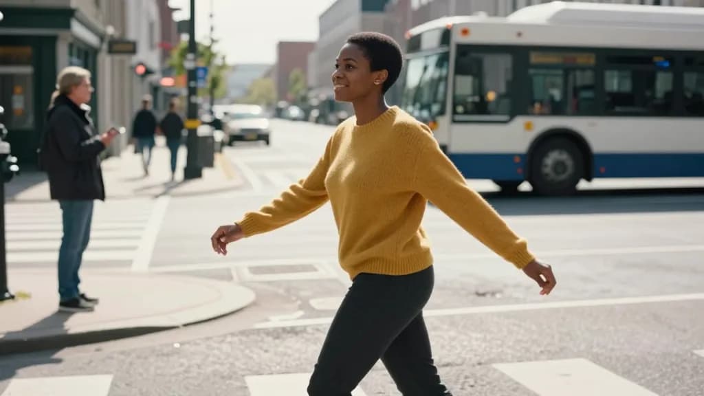A Black woman in her mid thirties with short natural hair is crossing a busy street at pace toward someone waiting on the far pavement, traffic stopped eithe…
