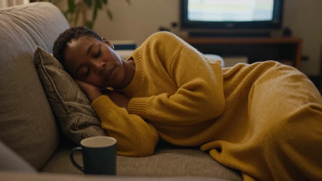 A Black woman in her mid thirties with short natural hair is asleep on a sofa under a throw in the early evening, a mug gone cold on the floor beside her and…