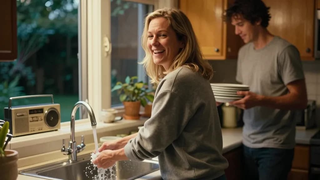 A white woman in her mid forties with shoulder-length blonde hair is standing at a kitchen sink on a weekday evening while her partner moves past behind her…