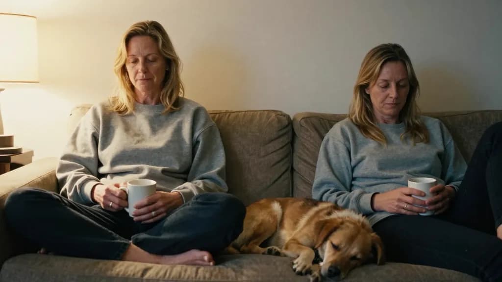 A white woman in her mid forties with shoulder-length blonde hair is sitting on a sofa at either end with her partner, both of them absorbed in different thi…