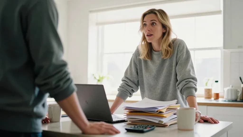 A white woman in her mid forties with shoulder-length blonde hair is standing at a kitchen counter beside her partner with a pile of post and a laptop closed…