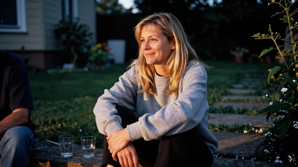 A white woman in her mid forties with shoulder-length blonde hair is sitting on the back step of a house in the evening with her partner beside her, two glas…