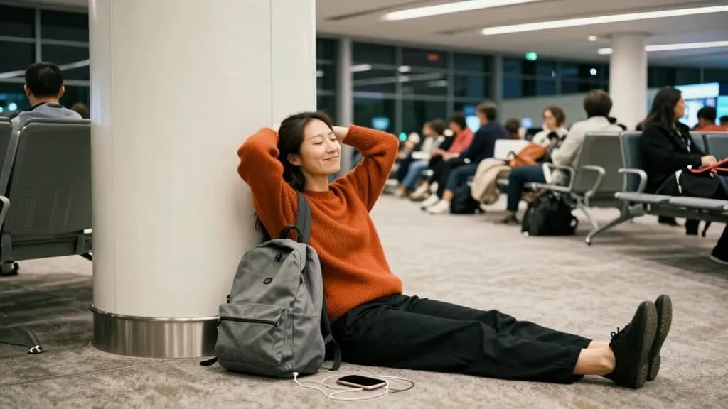 An East Asian woman in her mid thirties with long hair pushed back behind her ears is sitting on the carpet against a pillar at a crowded airport departure g…